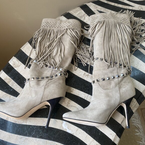 MANOLO BLAHNIK Suede Fringe Western Boots Heels - Picture 15 of 16